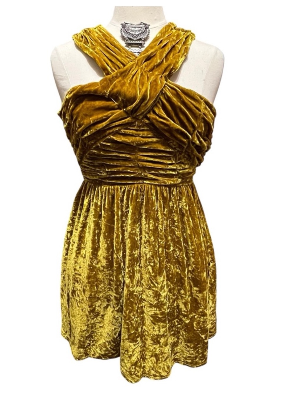 Topshop Mustard Crushed Velvet Mini Dress Size 6